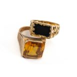 TWO GENTLEMAN'S GOLD RINGS, comprising 9ct gold onyx ring and a 9ct gold citrine ring, stamped '