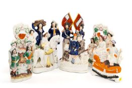 ASSORTED VICTORIAN STAFFORDSHIE POTTERY FIGURES, including 'Napoleon & Albert', 'Home', watch