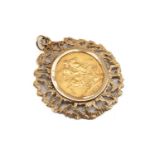 VICTORIAN GOLD SOVEREIGN, 1887, Jubilee head, in 9ct gold pierced bark effect pendant mount, 12.5gms