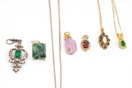 ASSORTED JEWELLERY comprising 9ct gold sapphire and opal pendant on 9ct gold fine chain, four gem