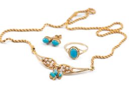 18CT GOLD WHITE STONE & TURQUOISE NECKLACE, spiral chain, together with pair of 9ct gold turquoise