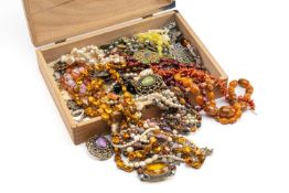 BOX OF COSTUME JEWELLERY comprising various beads including amber coloured, coral necklace,