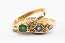 TWO GOLD RINGS comprising 18ct gold sapphire and diamond chip ring, together with 18ct gold believed