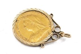 VICTORIAN GOLD HALF SOVEREIGN, 1900, in 9ct gold pendant mount, 5.1gms Provenance: deceased estate