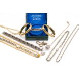 ASSORTED JEWELLERY comprising two rolled gold bangles, boxed Excalibur sterling silver bangle,