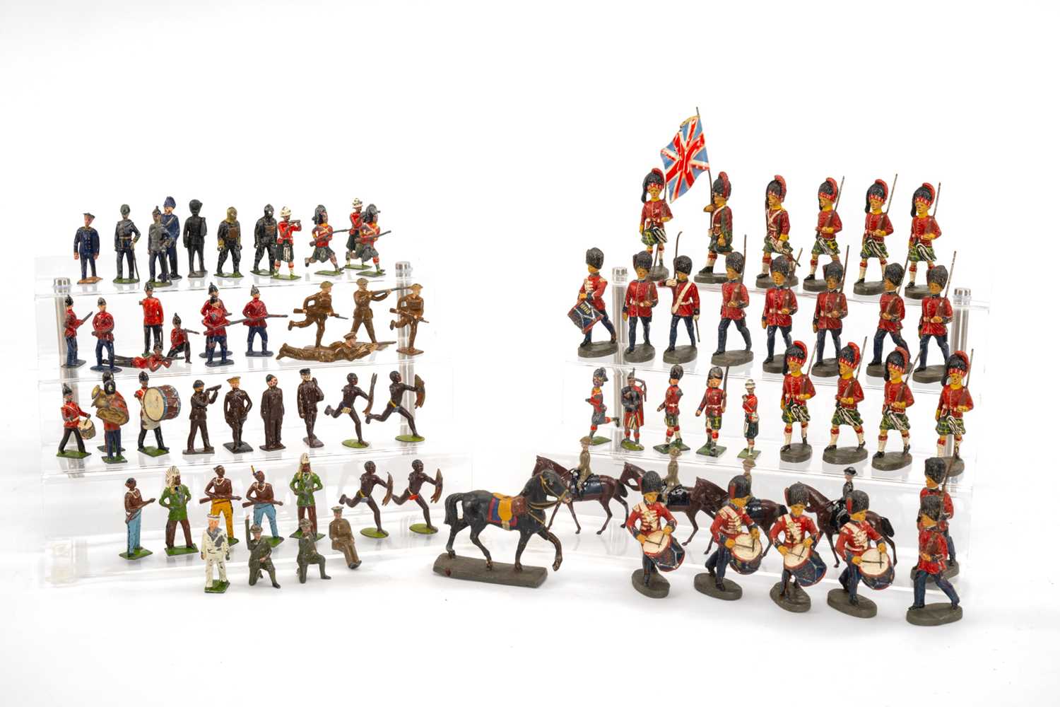 ASSORTED BRITONS & ELASTOLIN TOY SOLDIERS, including nurses, stretcher bearers, and bandsmen,
