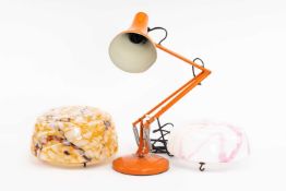 TWO VINTAGE GLASS CEILING SHADES & ORANGE ANGLEPOISE LAMP (3)