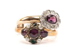GOLD JEWELLERY comprising 9ct gold ruby, seed pearl and emerald ring together with yellow metal ruby