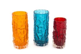 GEOFFREY BAXTER FOR WHITEFRIARS GLASS, three cylindrical glass vases with textured surfaces, moulded