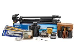 ASSORTED CAMERA ACCESSORIES, including tripod, monopod, a developing tank, print tongs, photographic