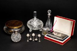ASSORTED SILVER & CUT GLASS, comprising set five coffee spoons, three silver lidded glass bottles,