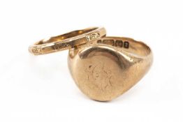 TWO 9CT GOLD RINGS comprising hexadecagon ring and a signet ring, 11.8gms gross (2) Provenance: