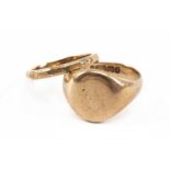 TWO 9CT GOLD RINGS comprising hexadecagon ring and a signet ring, 11.8gms gross (2) Provenance: