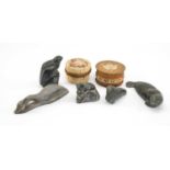 FIVE INUIT SOAPSTONE SCULPTURES OF ARCTIC ANIMALS, mostly signed with artist's numerals and 2