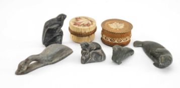 FIVE INUIT SOAPSTONE SCULPTURES OF ARCTIC ANIMALS, mostly signed with artist's numerals and 2