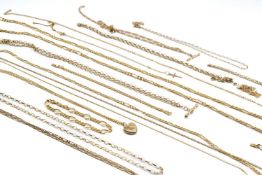 ASSORTED YELLOW GOLD JEWELLERY comprising nineteen various chains, earring, clasp, 88.3gms gross