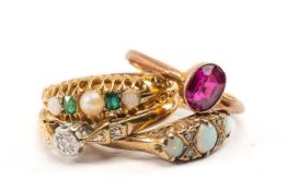 FOUR ASSORTED GOLD RINGS, comprising 9ct gold diamond and opal ring, 18ct gold mother of pearl,