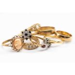 9CT GOLD JEWELLERY comprising nine rings set with various stones including cameo, opals, diamond