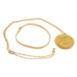 GOLD JEWELLERY comprising 9ct gold engraved circular locket on fine 9ct gold chain together with