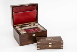 HARDWOOD TOILETTE BOX, hinged lid with mother of pearl blank cartouche inlay, red leather