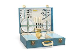 VINTAGE SIRRAM PICNIC SET, in blue folding case, for four place settings with fitted interior,