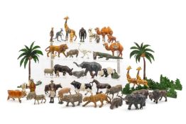 ASSORTED BRITONS, FARMYARD & ZOO FIGURES, including cage, two palm trees, zookeepers, farmers,