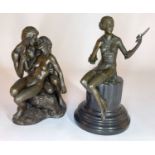 ART DECO STYLE BRONZE RESIN FIGURE, of a flapper lady with mirror, on fluted black marble base,