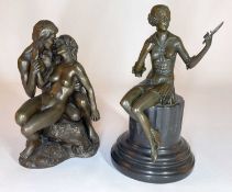 ART DECO STYLE BRONZE RESIN FIGURE, of a flapper lady with mirror, on fluted black marble base,