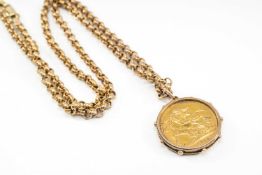 GEORGE V GOLD SOVEREIGN, 1914, in 9ct gold pendant mount on 9ct gold circle link chain, 30.4gms