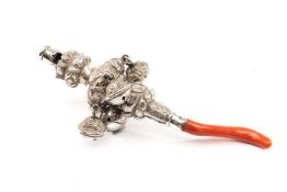 VICTORIAN SILVER BABY'S RATTLE, Hilliard & Thomason, with whistle, 5 bells and coral teether, 10.5cm