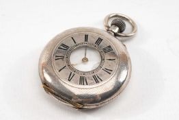 19TH CENTURY SWISS SILVER LADIES HALF HUNTER FOB WATCH, top wind, cover with blue enamel filled