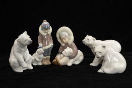 FIVE LLADRO PORCELAIN FIGURES, of Eskimo children with polar bear cubs and three models of polar