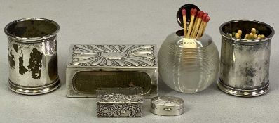 SMALL SILVER BIJOUTERIE - six items, to include a Continental silver pill box, London import