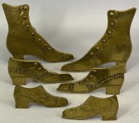 VICTORIAN BRASS 'BUTTONED BOOT' FIRESIDE ORNAMENTS, 3 PAIRS - 13.5cms H, 6cms H and 4.5cms H