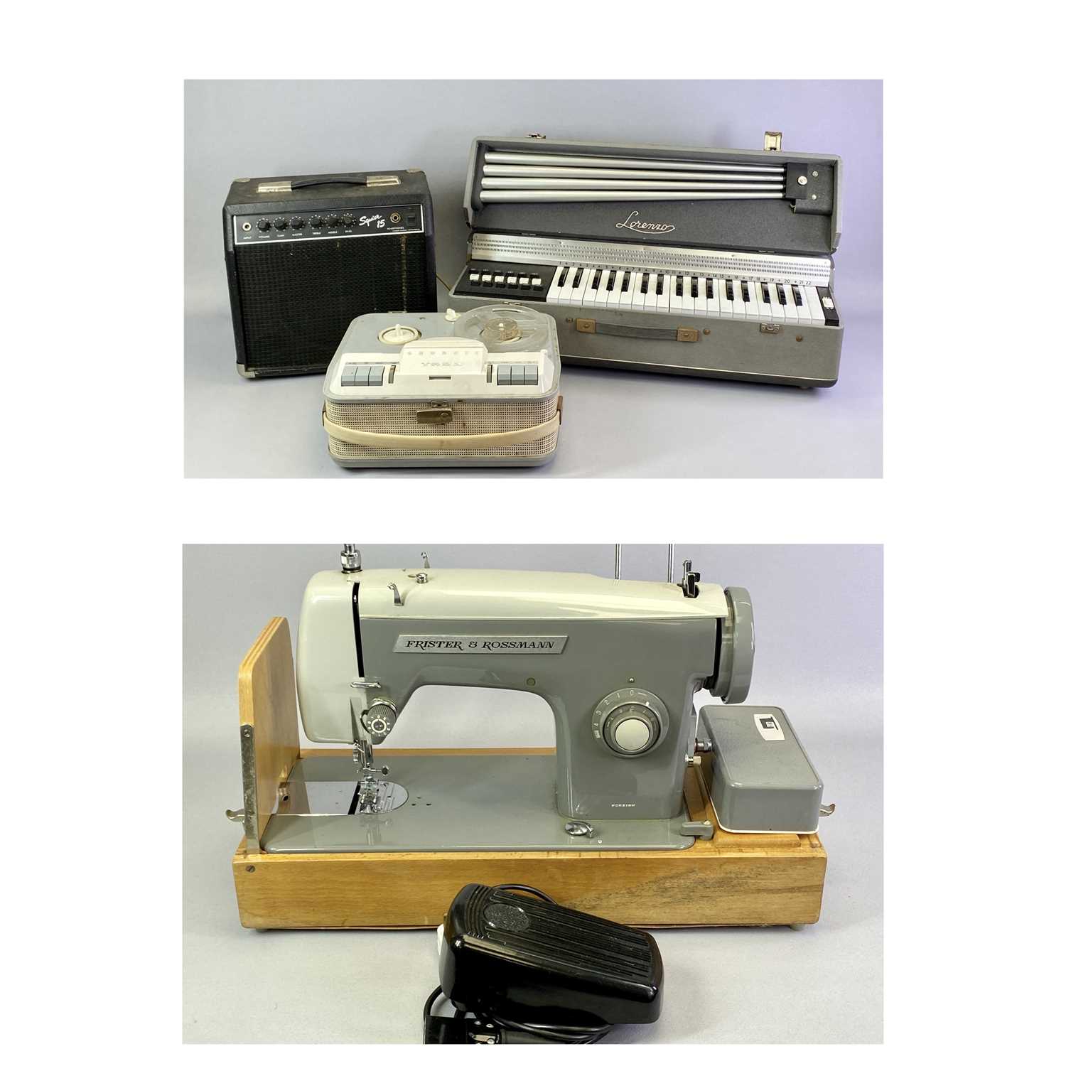 LORENZO VINTAGE PORTABLE ORGAN, Frister & Rossmann electric sewing machine in case with foot