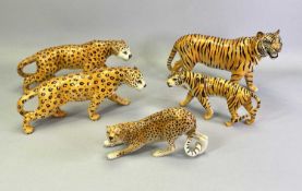 BESWICK WILD CATS, A GROUP OF 5 - tiger, 31cms L, leopard, 30cms L (2), tiger, 22cms L and crouching