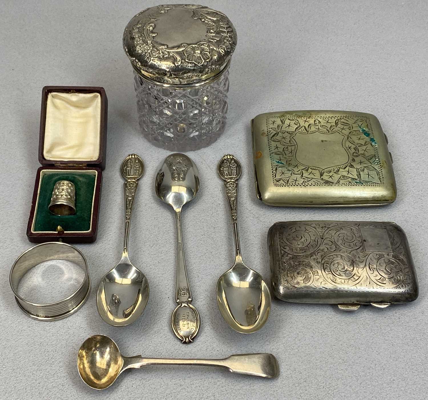SMALL SILVER, 8 ITEMS and an EPNS cigarette case, the silver includes a Charles Horner silver