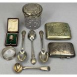 SMALL SILVER, 8 ITEMS and an EPNS cigarette case, the silver includes a Charles Horner silver