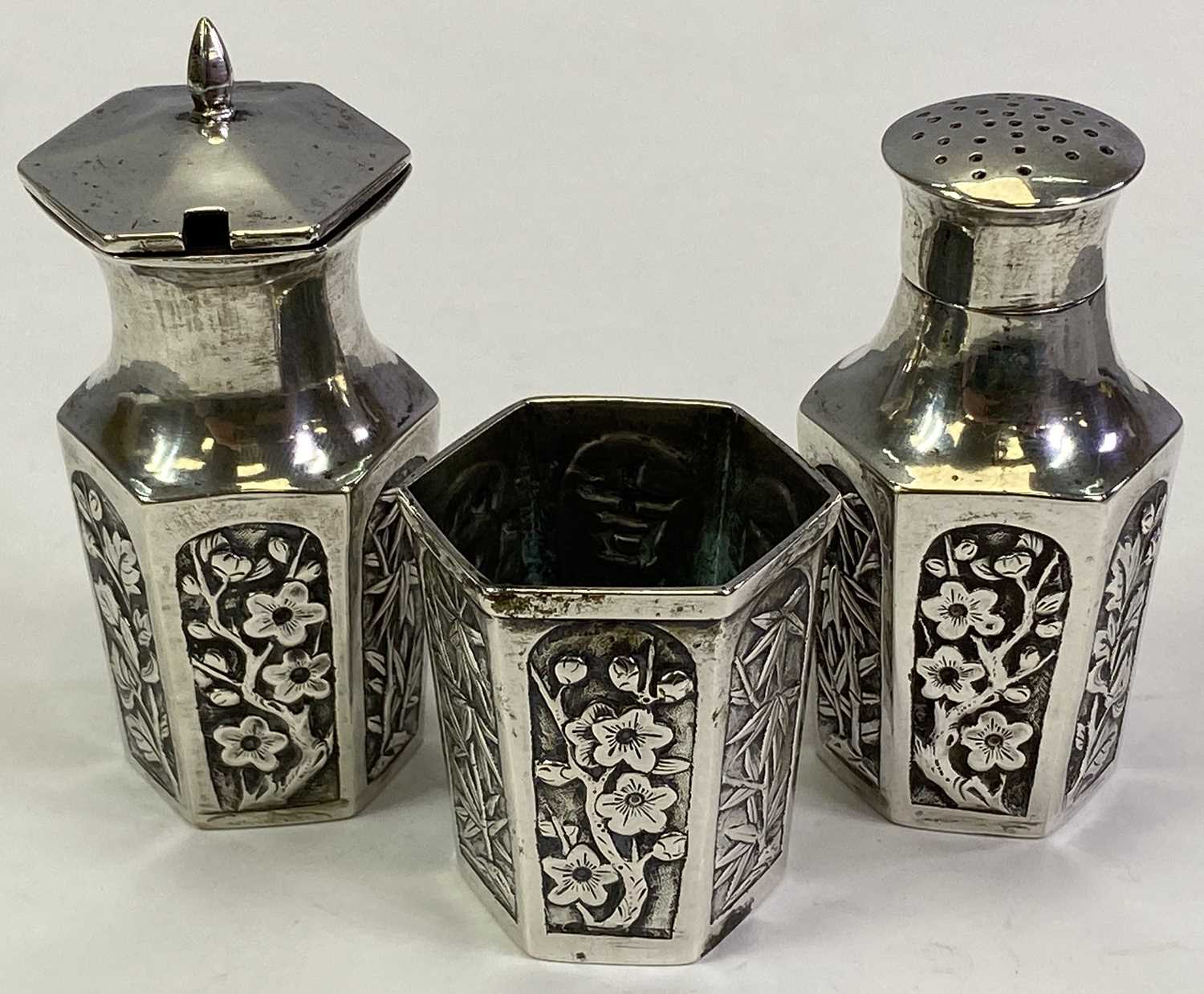 CHINESE UNMARKED WHITE METAL THREE PIECE CONDIMENT SET - comprising pepper pot, salt and lidded - Image 2 of 2