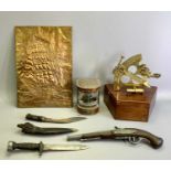 REPRODUCTION BRASS SEXTANT - with silvered scale in wooden box, a Gurkha Kukri knife, leather