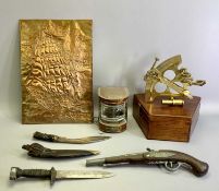 REPRODUCTION BRASS SEXTANT - with silvered scale in wooden box, a Gurkha Kukri knife, leather