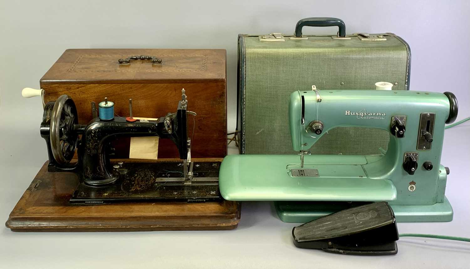 HUSQVARNA AUTOMATIC ELECTRIC SEWING MACHINE - with foot pedal, in case, and a German hand crank