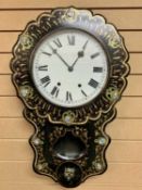 VICTORIAN BLACK LACQUERED DROP DIAL WALL CLOCK - inlaid with mother of pearl and with gilded