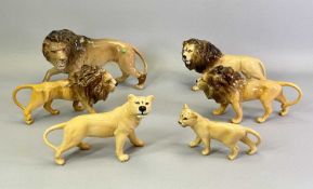 BESWICK LIONS, A GROUP OF 6 - male, 27cms L, male, 23cms L, male, 24cms L (2), lioness, 24cms L
