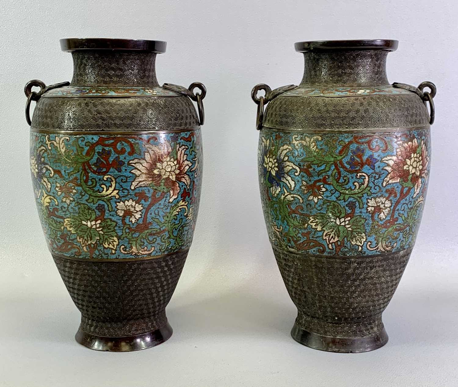 JAPANESE BRONZE CHAMPLEVE ENAMEL VASES, A PAIR - late 19th/early 20th century, of baluster form,