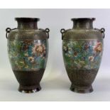JAPANESE BRONZE CHAMPLEVE ENAMEL VASES, A PAIR - late 19th/early 20th century, of baluster form,