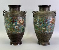 JAPANESE BRONZE CHAMPLEVE ENAMEL VASES, A PAIR - late 19th/early 20th century, of baluster form,