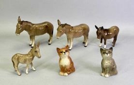 BESWICK DONKEYS (2) - gloss, 14cms H, 2 x donkey foal, gloss, 11cms H and 2 x Beswick seated