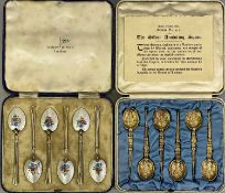 SILVER & ENAMEL/SILVER GILT TEASPOONS/TWO CASED SETS OF SIX - the enamelled set decorated to the