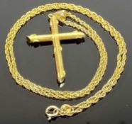 18K STAMPED GOLD PENDANT CROSS NECKLACE - 5cms L the cross including jump loop, 29.5cms overall L,